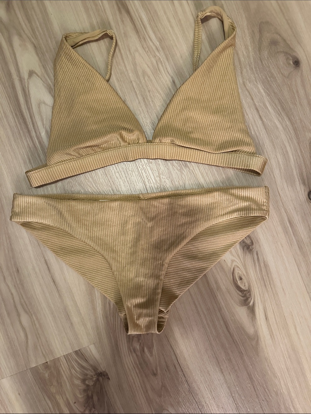 aerie Ribbed Triangle Bikini Set in Light gold size L NWOT